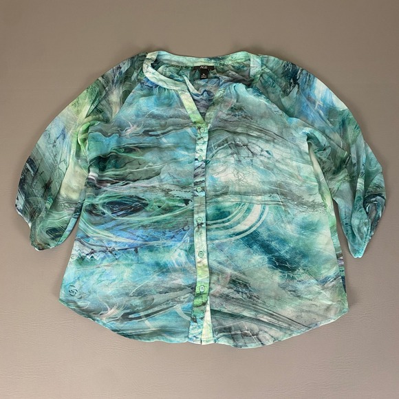 AGB Button Down Top Blouse Women's Size XL Green Blue Abstract Print 3/4 Sleeve - Picture 1 of 9